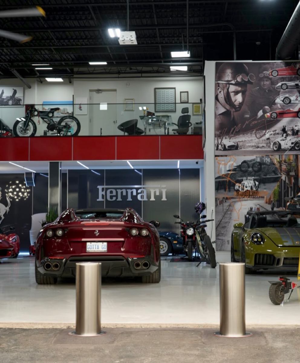 Automatic bollards protecting a Ferrari showroom floor